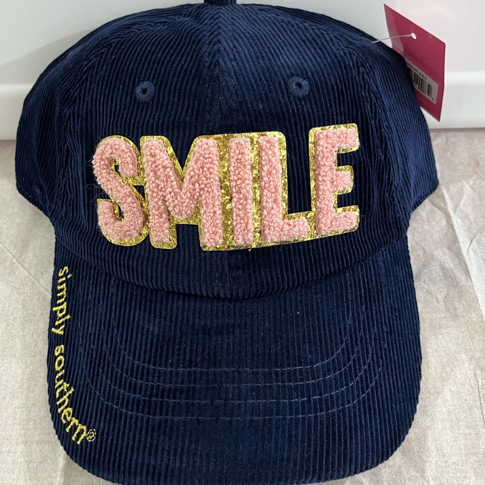 NWT SIMPLY SOUTHERN Sparkle Puff Letter SMILE Corduroy Baseball Cap Hat